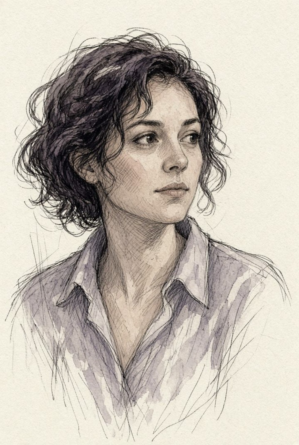 Pencil and watercolor sketch of a woman with short curly hair, looking to the side